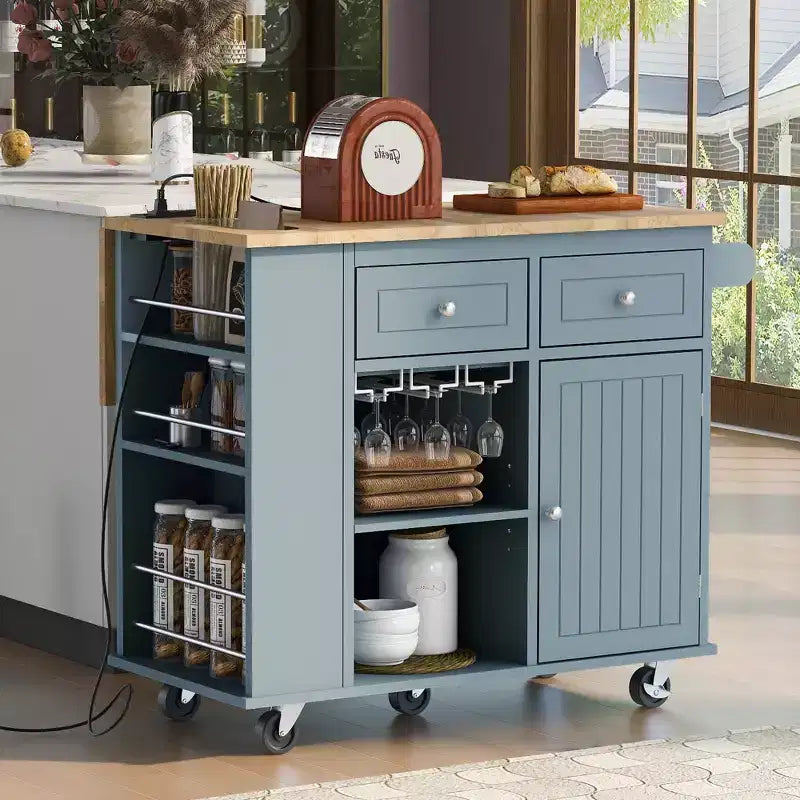 GDFStudio Patsy Isola Cucina Mobile con Presa di Corrente, Top a Ribalta e in Legno di Gomma