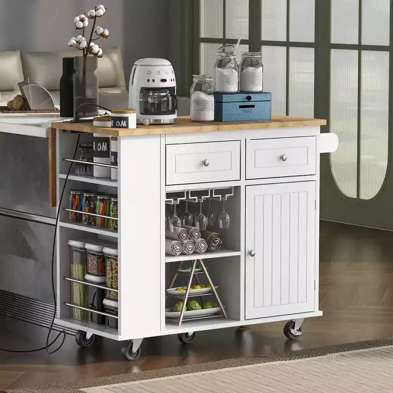 GDFStudio Patsy Isola Cucina Mobile con Presa di Corrente, Top a Ribalta e in Legno di Gomma