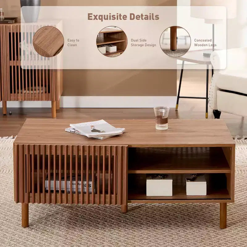 Bestier Tavolino da Caffè Moderno con Contenitore, Tavolino Centrale da 44" con Ante Scorrevoli Scanalate e Ripiani Laterali, Gambe in Legno Massello per Soggiorno