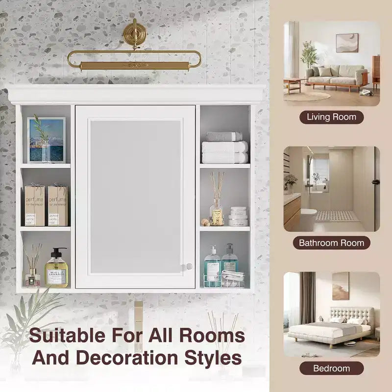 CASAINC 35 x 28 Wall Mounted Medicine Cabinet with Mirror Door and 6 Open Shelves, Modern Bathroom Cabinet