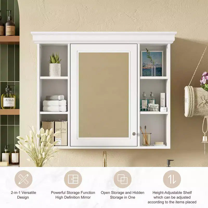 CASAINC 35 x 28 Wall Mounted Medicine Cabinet with Mirror Door and 6 Open Shelves, Modern Bathroom Cabinet