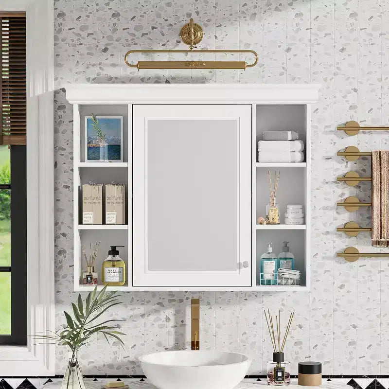 CASAINC 35 x 28 Wall Mounted Medicine Cabinet with Mirror Door and 6 Open Shelves, Modern Bathroom Cabinet