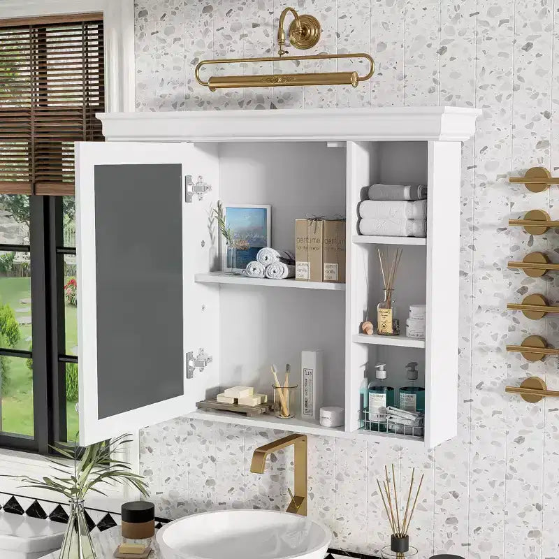 CASAINC 35 x 28 Wall Mounted Medicine Cabinet with Mirror Door and 6 Open Shelves, Modern Bathroom Cabinet
