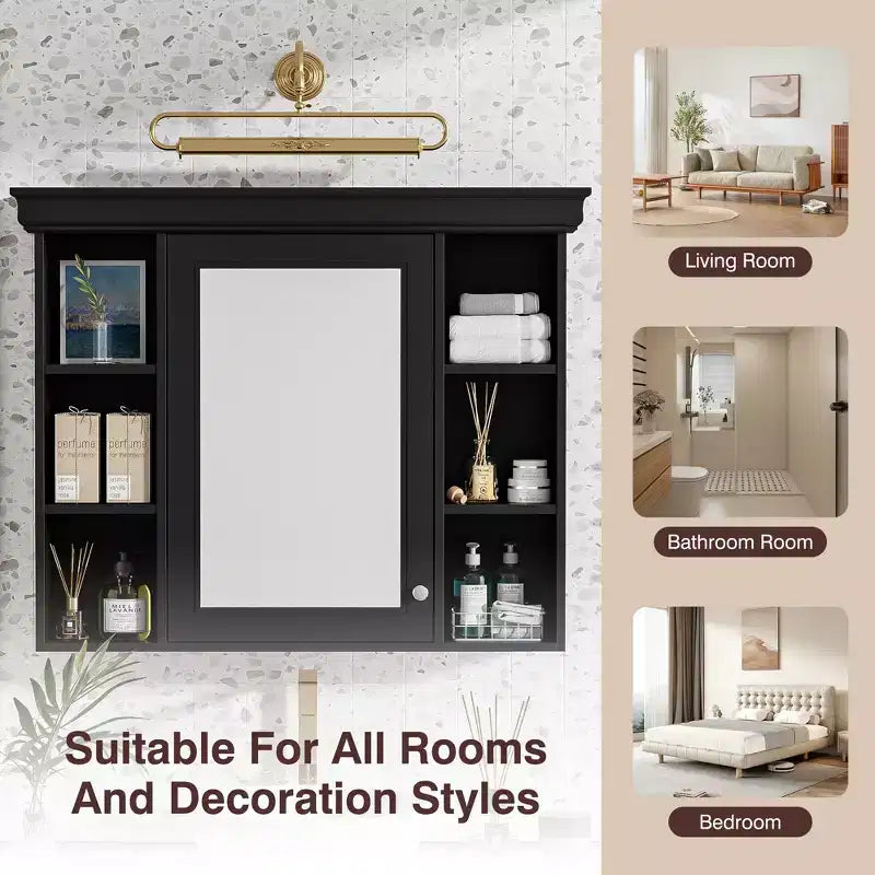 CASAINC 35 x 28 Wall Mounted Medicine Cabinet with Mirror Door and 6 Open Shelves, Modern Bathroom Cabinet