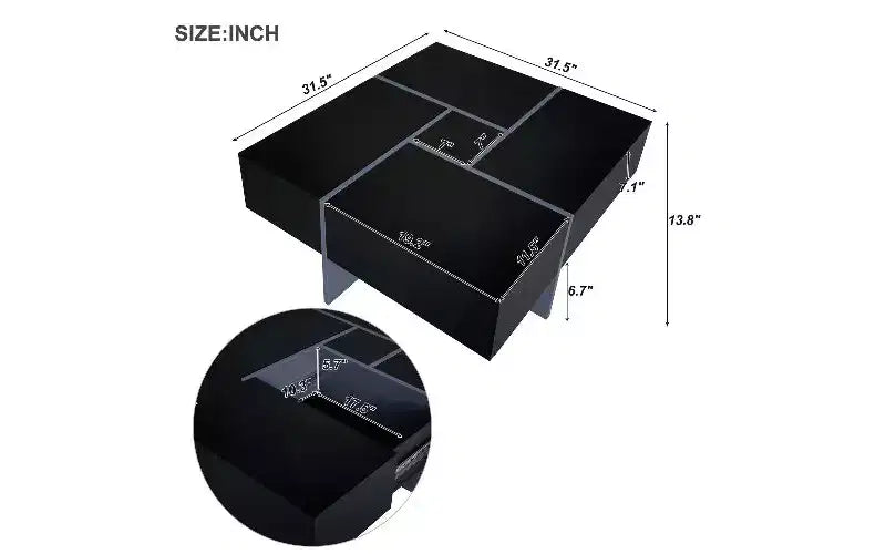 Tavolino da caffè TUYOHW estensibile con piano a puzzle e 4 vani portaoggetti nascosti, Tavolino intelligente, Tavolino quadrato con piano scorrevole estensibile, Tavolo da salotto