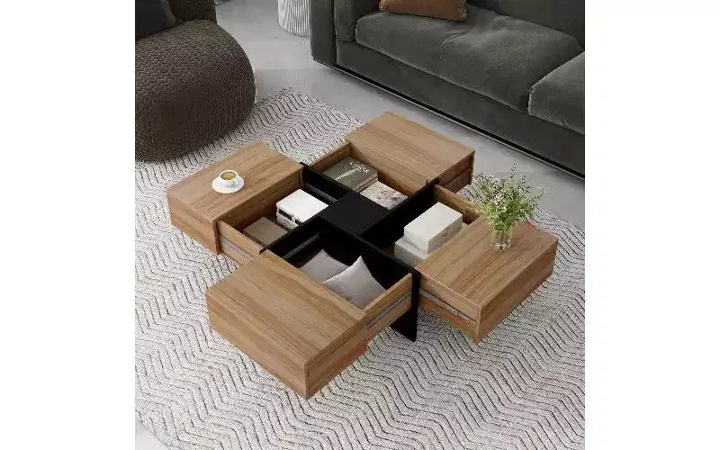 Tavolino da caffè TUYOHW estensibile con piano a puzzle e 4 vani portaoggetti nascosti, Tavolino intelligente, Tavolino quadrato con piano scorrevole estensibile, Tavolo da salotto