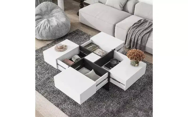 TUYOHW Extendable Puzzle-Top Coffee Table with 4 Hidden Storage, Smart Center Table, Square Table with Extendable Sliding Tabletop, Living Room Table