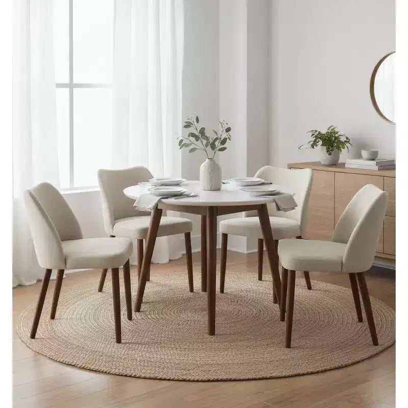 Set di 4 Sedie da Pranzo Moderne in Lino, Senza Braccioli, con Gambe in Legno, Schienale a Pozzetto, Piedini Livellatori, Design Salvaspazio, Bianco