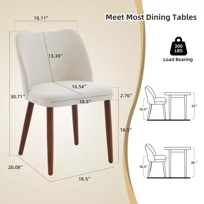 Set di 4 Sedie da Pranzo Moderne in Lino, Senza Braccioli, con Gambe in Legno, Schienale a Pozzetto, Piedini Livellatori, Design Salvaspazio, Bianco