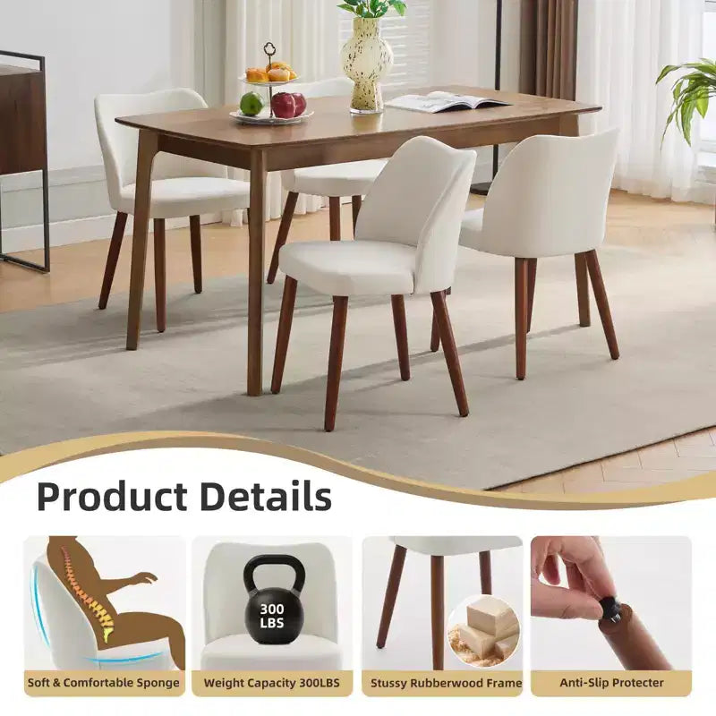 Set di 4 Sedie da Pranzo Moderne in Lino, Senza Braccioli, con Gambe in Legno, Schienale a Pozzetto, Piedini Livellatori, Design Salvaspazio, Bianco