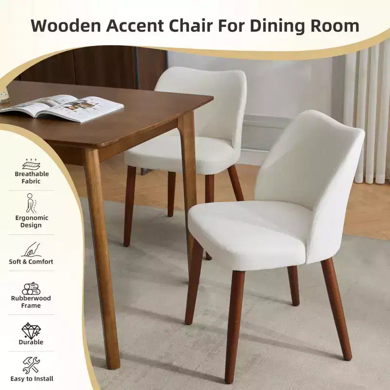 Set di 4 Sedie da Pranzo Moderne in Lino, Senza Braccioli, con Gambe in Legno, Schienale a Pozzetto, Piedini Livellatori, Design Salvaspazio, Bianco