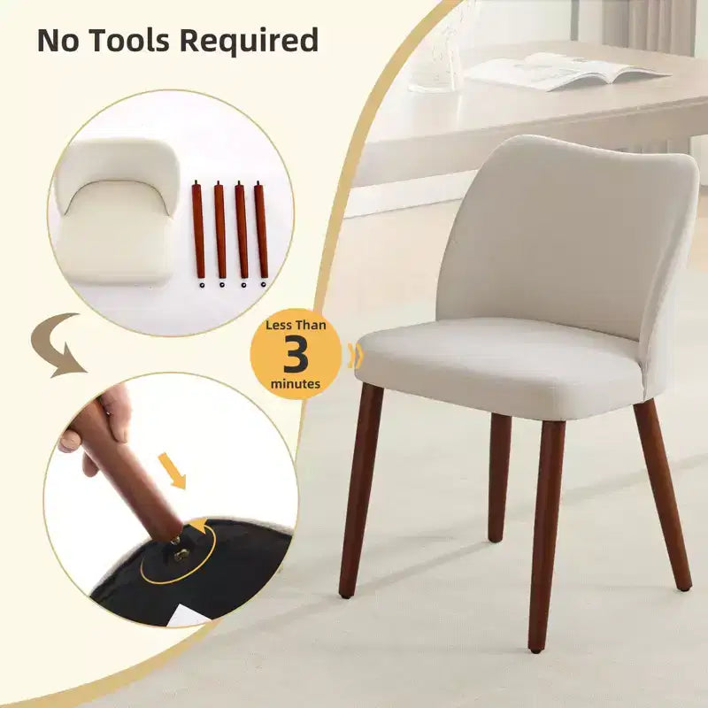 Set di 4 Sedie da Pranzo Moderne in Lino, Senza Braccioli, con Gambe in Legno, Schienale a Pozzetto, Piedini Livellatori, Design Salvaspazio, Bianco