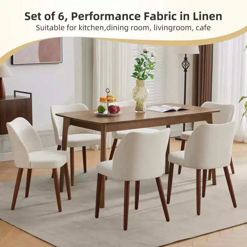 Set di 4 Sedie da Pranzo Moderne in Lino, Senza Braccioli, con Gambe in Legno, Schienale a Pozzetto, Piedini Livellatori, Design Salvaspazio, Bianco