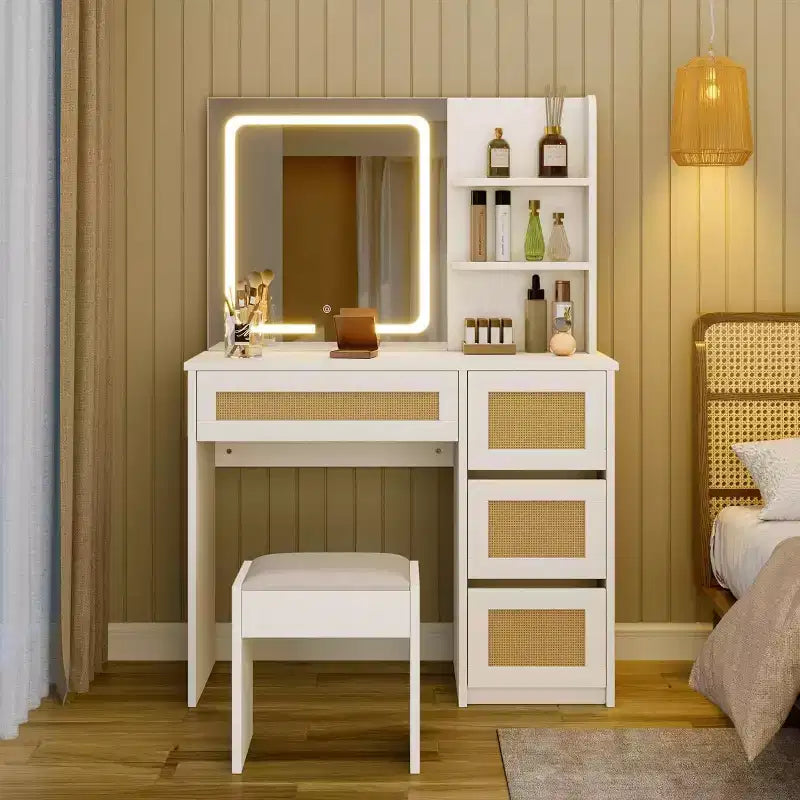 Scrivania da trucco in rattan bianca, con specchio LED regolabile, 4 cassetti e 2 ripiani aperti, toletta moderna per camera da letto