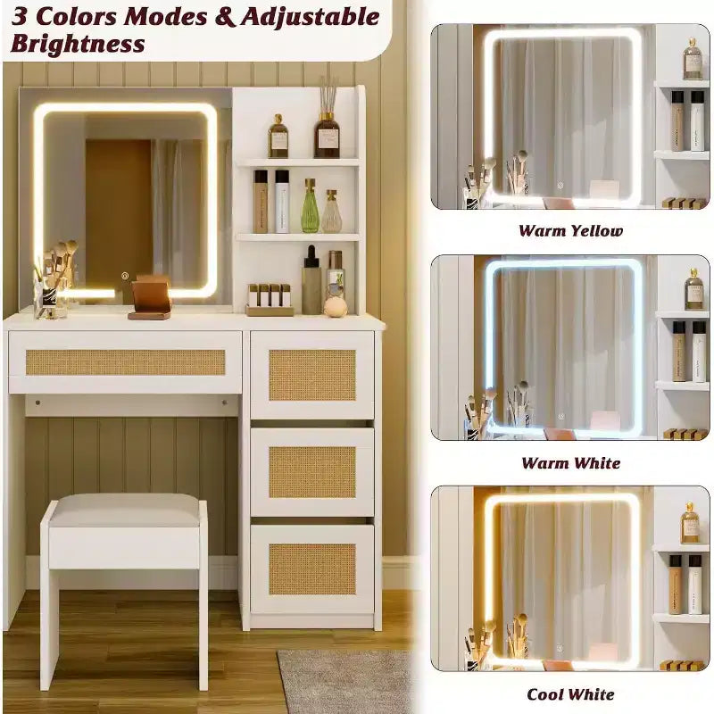 Scrivania da trucco in rattan bianca, con specchio LED regolabile, 4 cassetti e 2 ripiani aperti, toletta moderna per camera da letto