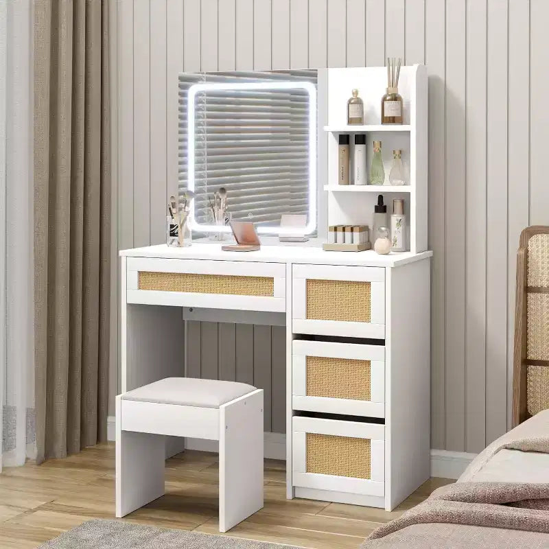 Scrivania da trucco in rattan bianca, con specchio LED regolabile, 4 cassetti e 2 ripiani aperti, toletta moderna per camera da letto