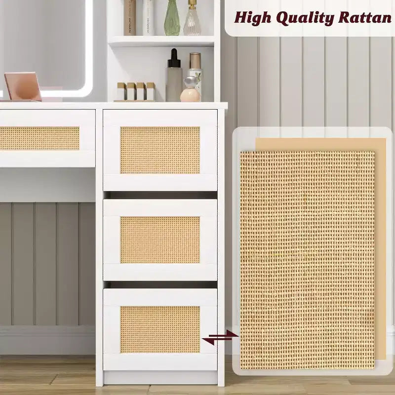 Scrivania da trucco in rattan bianca, con specchio LED regolabile, 4 cassetti e 2 ripiani aperti, toletta moderna per camera da letto