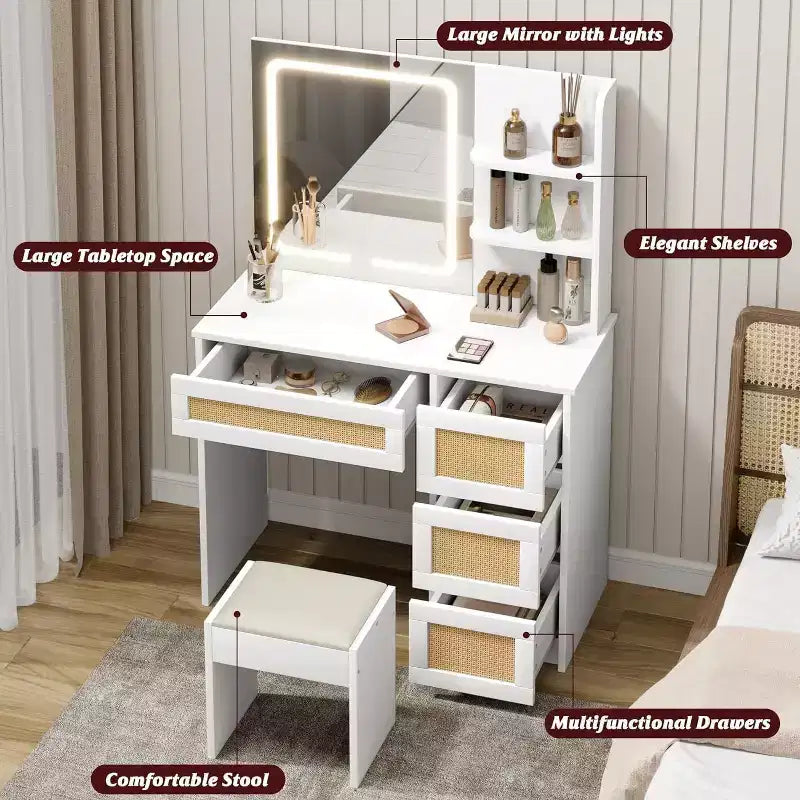 Scrivania da trucco in rattan bianca, con specchio LED regolabile, 4 cassetti e 2 ripiani aperti, toletta moderna per camera da letto