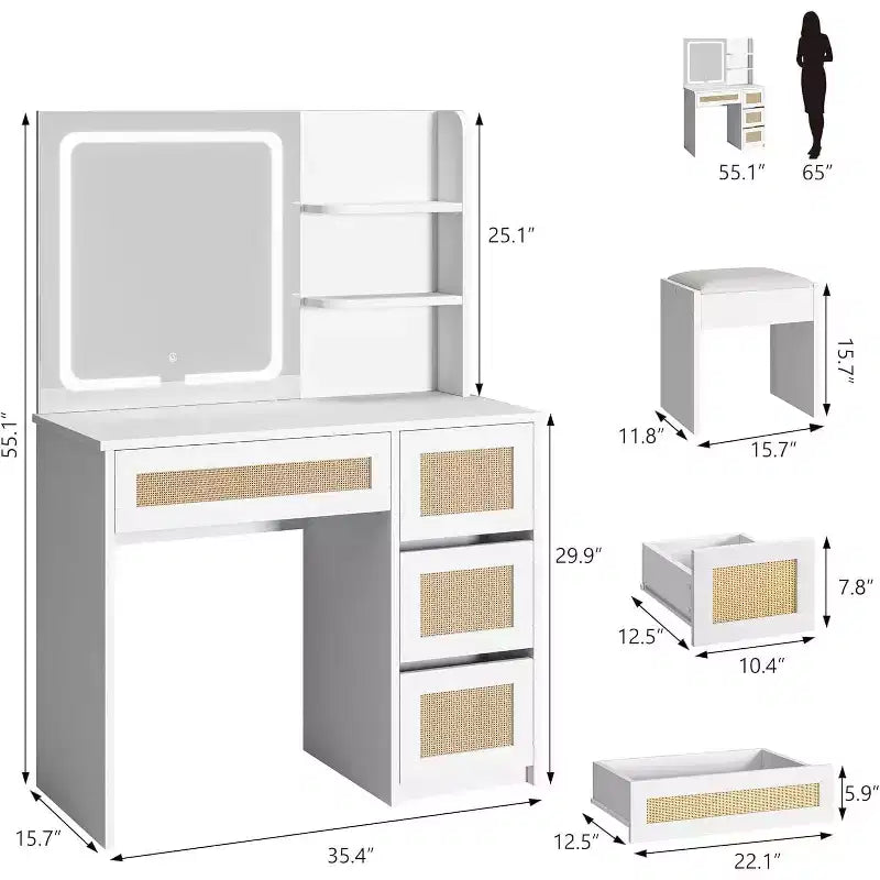 Scrivania da trucco in rattan bianca, con specchio LED regolabile, 4 cassetti e 2 ripiani aperti, toletta moderna per camera da letto