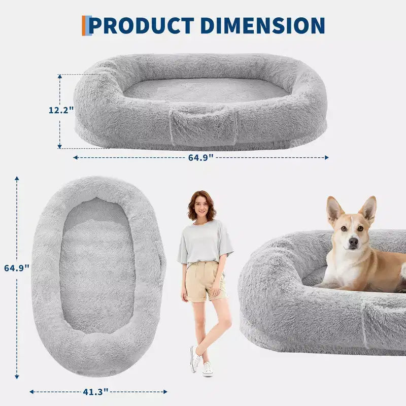 Cuccia per cani umana 65 x 41 x 12, gigantesca cuccia a sacco in pelliccia sintetica con maniglia, rivestimento rimovibile, tasca laterale e schiuma ortopedica a guscio d'uovo (marrone)