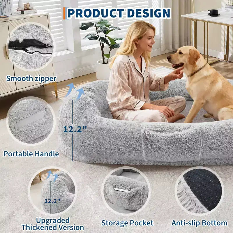 Cuccia per cani umana 65 x 41 x 12, gigantesca cuccia a sacco in pelliccia sintetica con maniglia, rivestimento rimovibile, tasca laterale e schiuma ortopedica a guscio d'uovo (marrone)