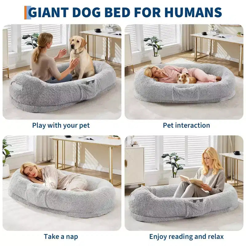 Cuccia per cani umana 65 x 41 x 12, gigantesca cuccia a sacco in pelliccia sintetica con maniglia, rivestimento rimovibile, tasca laterale e schiuma ortopedica a guscio d'uovo (marrone)