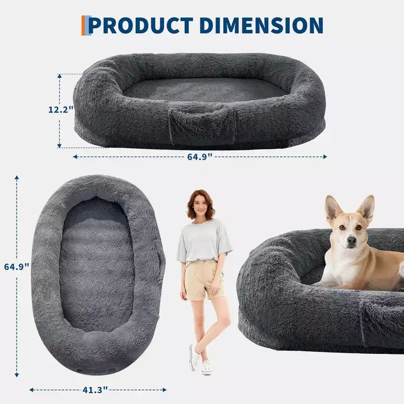 Cuccia per cani umana 65 x 41 x 12, gigantesca cuccia a sacco in pelliccia sintetica con maniglia, rivestimento rimovibile, tasca laterale e schiuma ortopedica a guscio d'uovo (marrone)