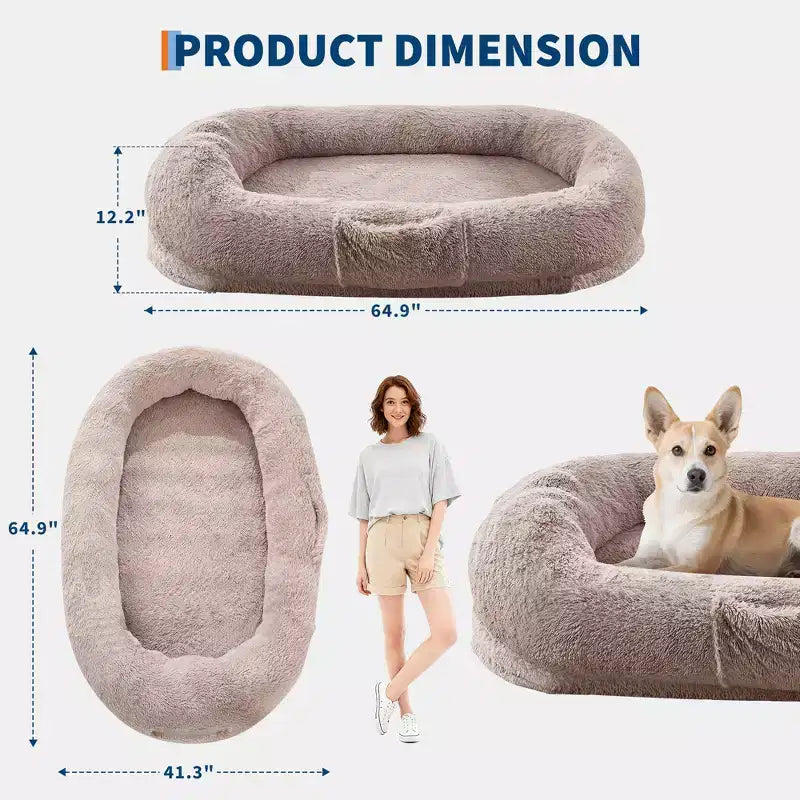 Cuccia per cani umana 65 x 41 x 12, gigantesca cuccia a sacco in pelliccia sintetica con maniglia, rivestimento rimovibile, tasca laterale e schiuma ortopedica a guscio d'uovo (marrone)
