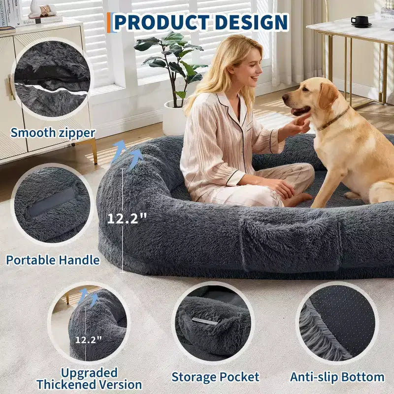Cuccia per cani umana 65 x 41 x 12, gigantesca cuccia a sacco in pelliccia sintetica con maniglia, rivestimento rimovibile, tasca laterale e schiuma ortopedica a guscio d'uovo (marrone)