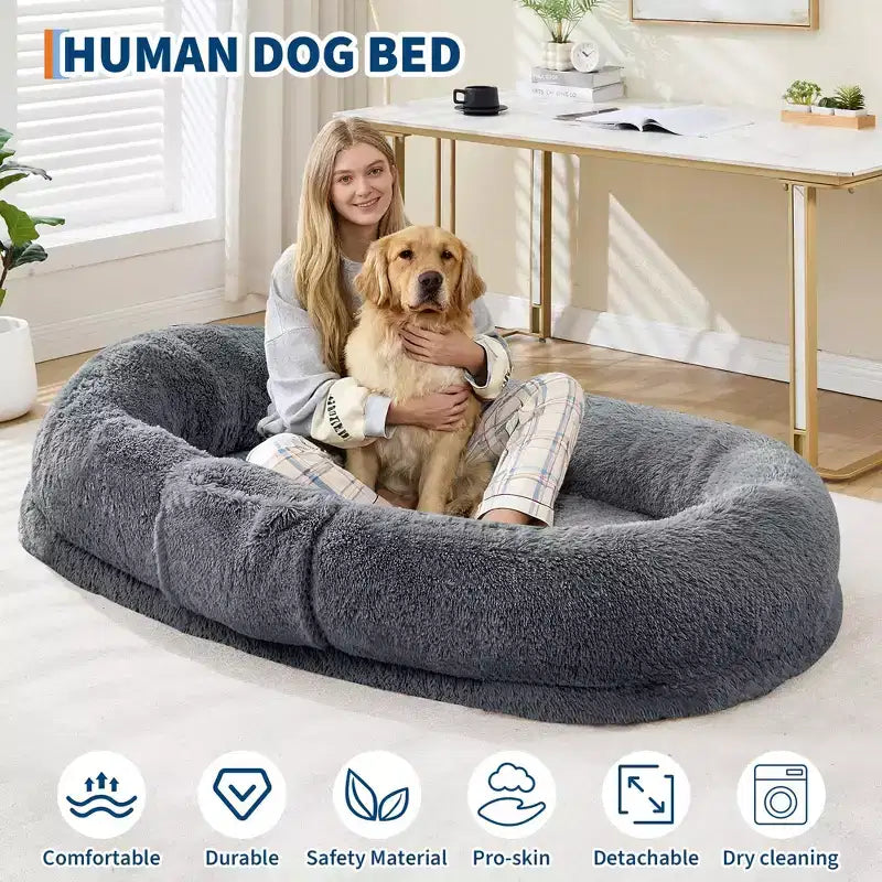 Cuccia per cani umana 65 x 41 x 12, gigantesca cuccia a sacco in pelliccia sintetica con maniglia, rivestimento rimovibile, tasca laterale e schiuma ortopedica a guscio d'uovo (marrone)