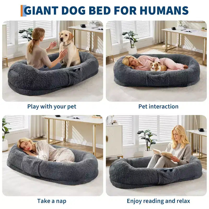 Cuccia per cani umana 65 x 41 x 12, gigantesca cuccia a sacco in pelliccia sintetica con maniglia, rivestimento rimovibile, tasca laterale e schiuma ortopedica a guscio d'uovo (marrone)