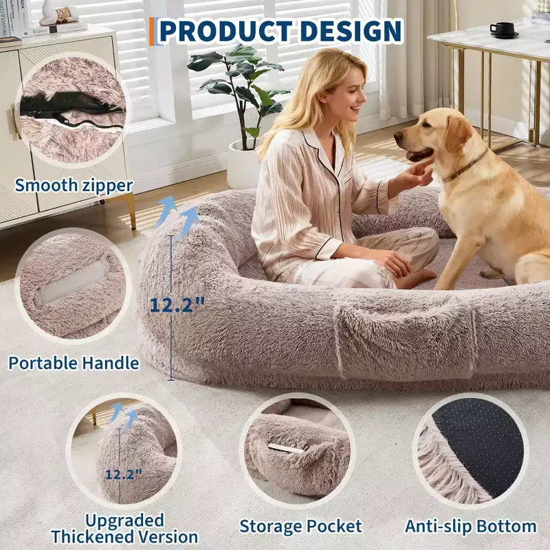 Cuccia per cani umana 65 x 41 x 12, gigantesca cuccia a sacco in pelliccia sintetica con maniglia, rivestimento rimovibile, tasca laterale e schiuma ortopedica a guscio d'uovo (marrone)