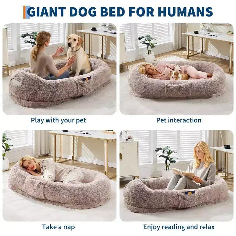 Cuccia per cani umana 65 x 41 x 12, gigantesca cuccia a sacco in pelliccia sintetica con maniglia, rivestimento rimovibile, tasca laterale e schiuma ortopedica a guscio d'uovo (marrone)