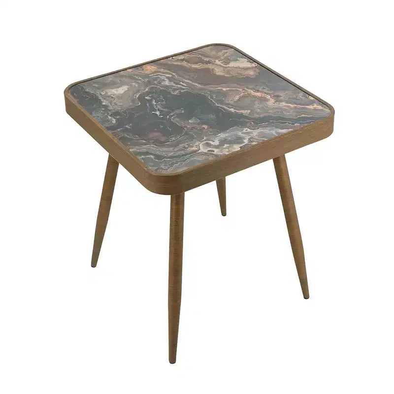 Square Side Table with Glass Top Marbled Design and Gold Iron Legs 17.3x17.3x18