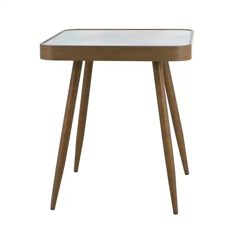Tavolino quadrato con piano in vetro con design effetto marmo e gambe in ferro dorato 43,9x43,9x45,7 cm