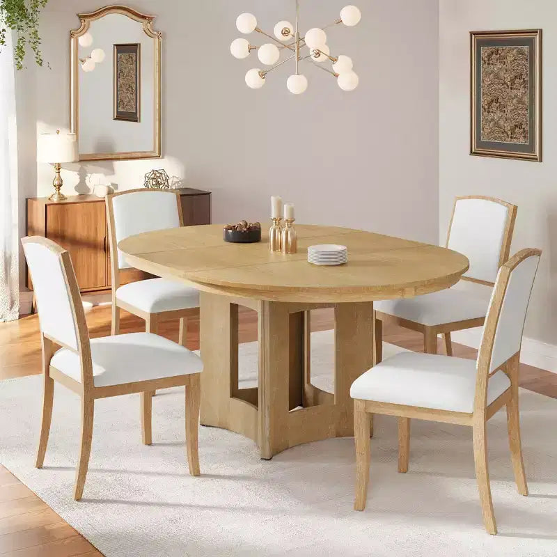 Set da Pranzo MAYEERTY 5 Pezzi, Tavolo Rotondo Allungabile Stile Rustico, 16 Prolunghe Rimovibili, 4 Sedie Imbottite per 4 Persone, Espresso + Beige