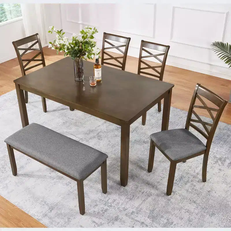 MAYEERTY Set da Pranzo 6 Pezzi per 6 Persone, Tavolo Rettangolare in Legno + 4 Sedie Imbottite e Panca, Grigio