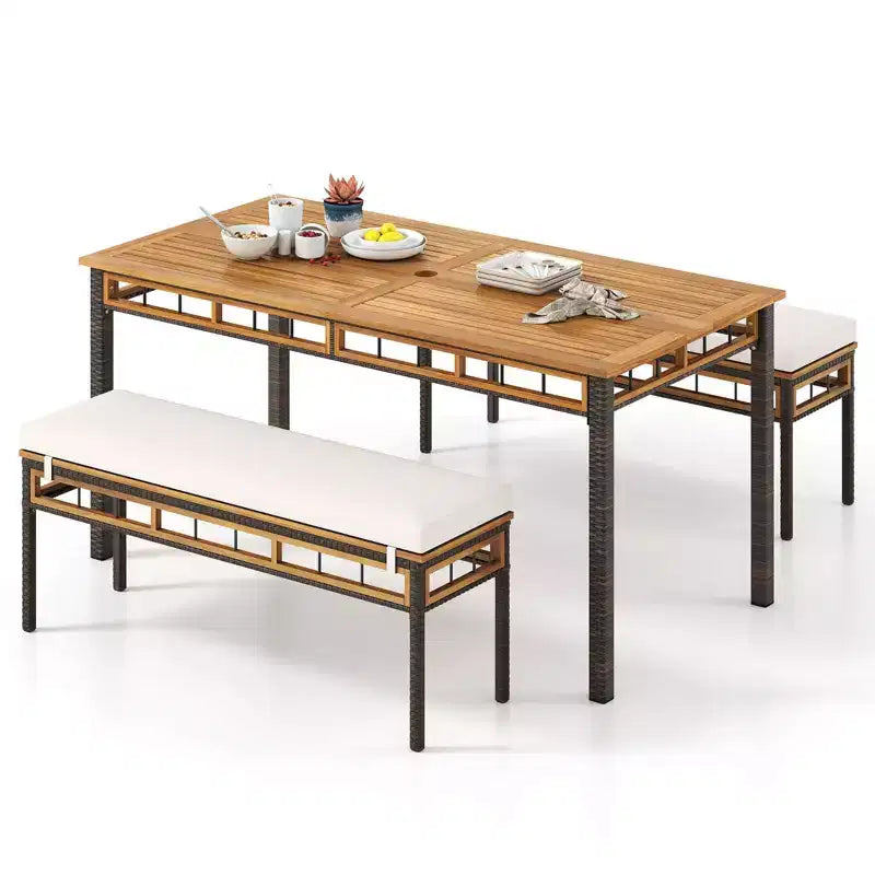 Costway 3 PCS Acacia Wood Patio Dining Set with 1.97 Umbrella Hole & Cushions for Garden Mix Brown
