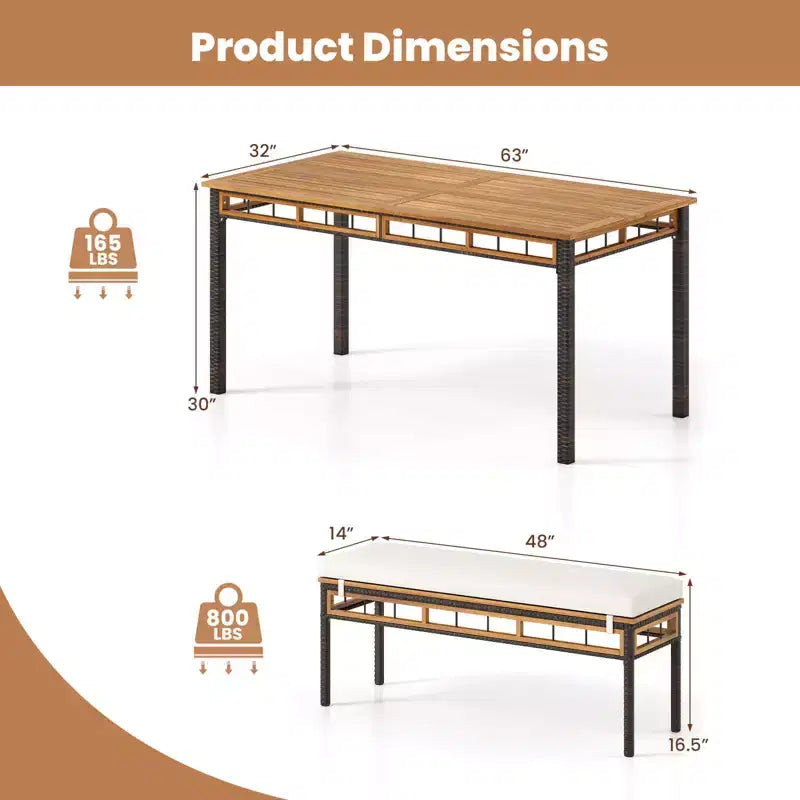 Costway 3 PCS Acacia Wood Patio Dining Set with 1.97 Umbrella Hole & Cushions for Garden Mix Brown