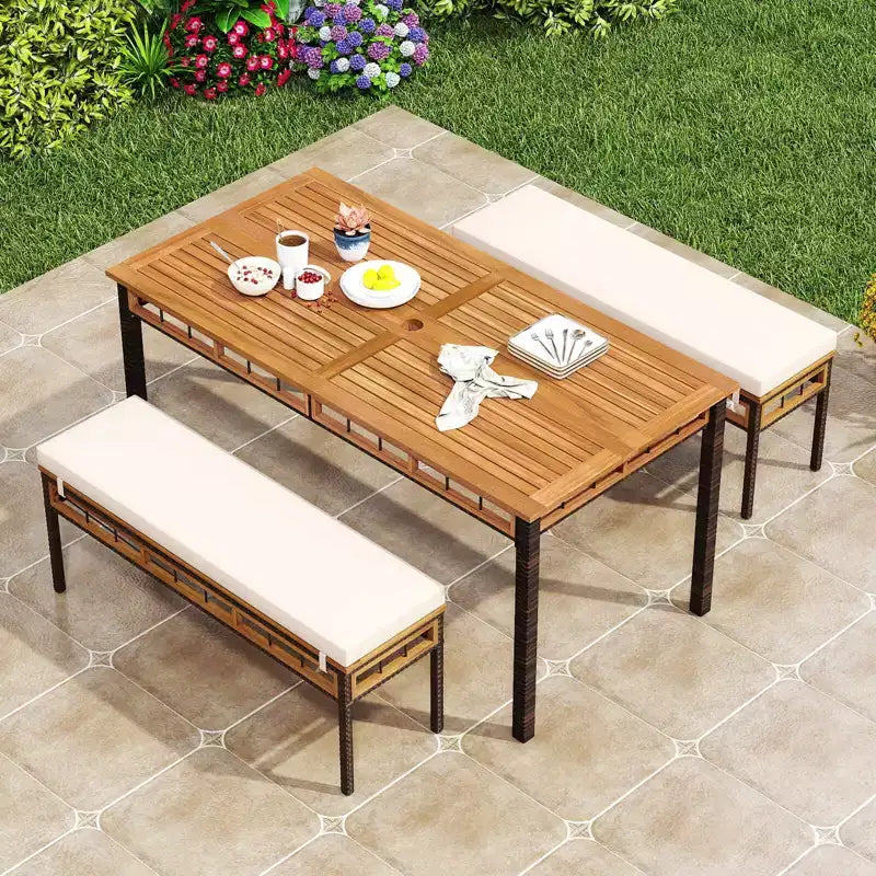 Costway 3 PCS Acacia Wood Patio Dining Set with 1.97 Umbrella Hole & Cushions for Garden Mix Brown
