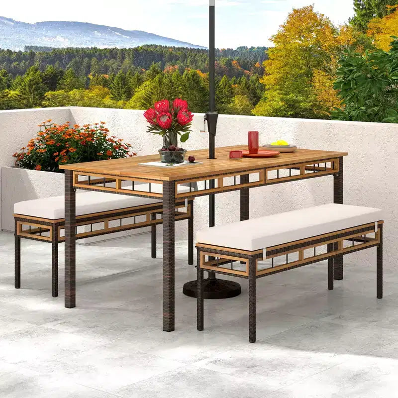 Costway 3 PCS Acacia Wood Patio Dining Set with 1.97 Umbrella Hole & Cushions for Garden Mix Brown