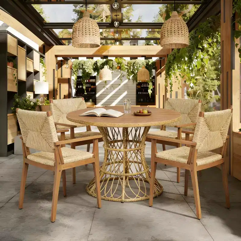 Christopher Knight Home Nan Set da Pranzo da Esterno a 5 Pezzi in Legno di Acacia con 4 Poltrone in Vimini