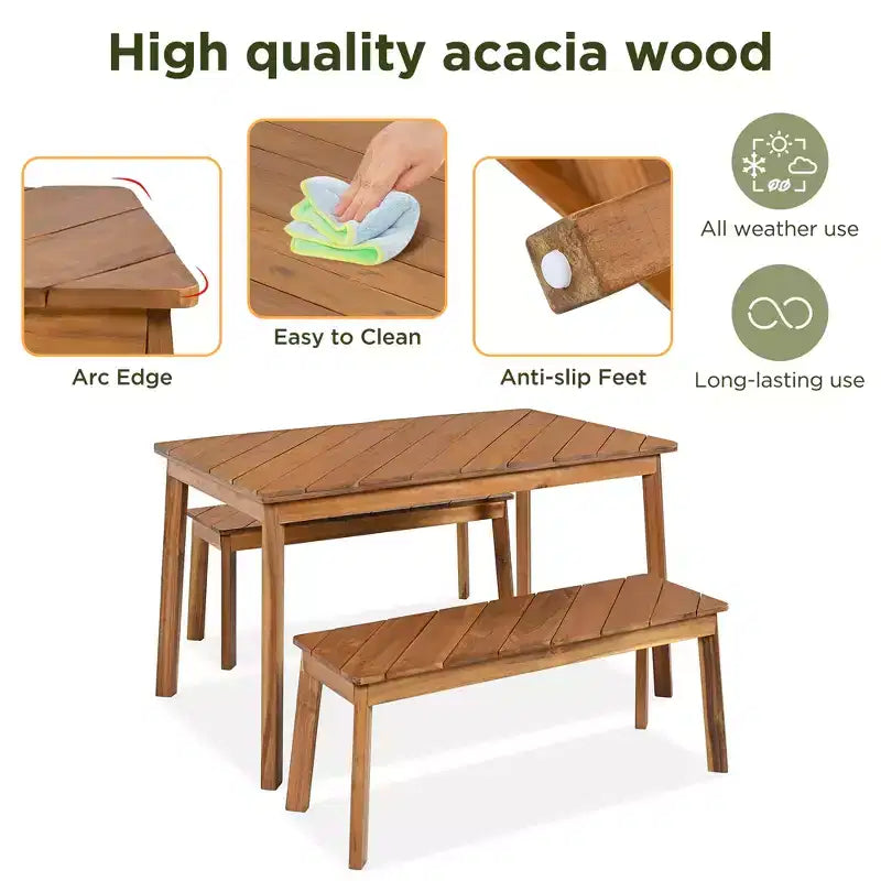 GDFStudio Lucas Set da Pranzo Moderno da Esterno 3 Pezzi in Legno di Acacia con Tavolo e Due Panche