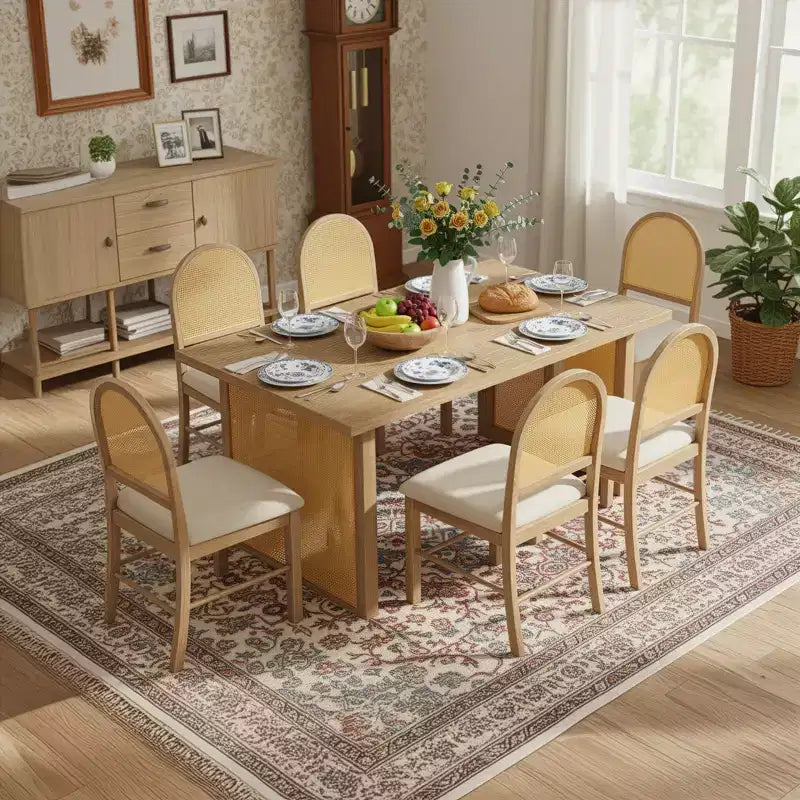 Set Tavolo da Pranzo 7 Pezzi in Stile Rustico per 6 Persone - Tavolo Rettangolare da 59.8" con Finitura Invecchiata e 6 Sedie in Rattan, Mobili da Cucina Rustici
