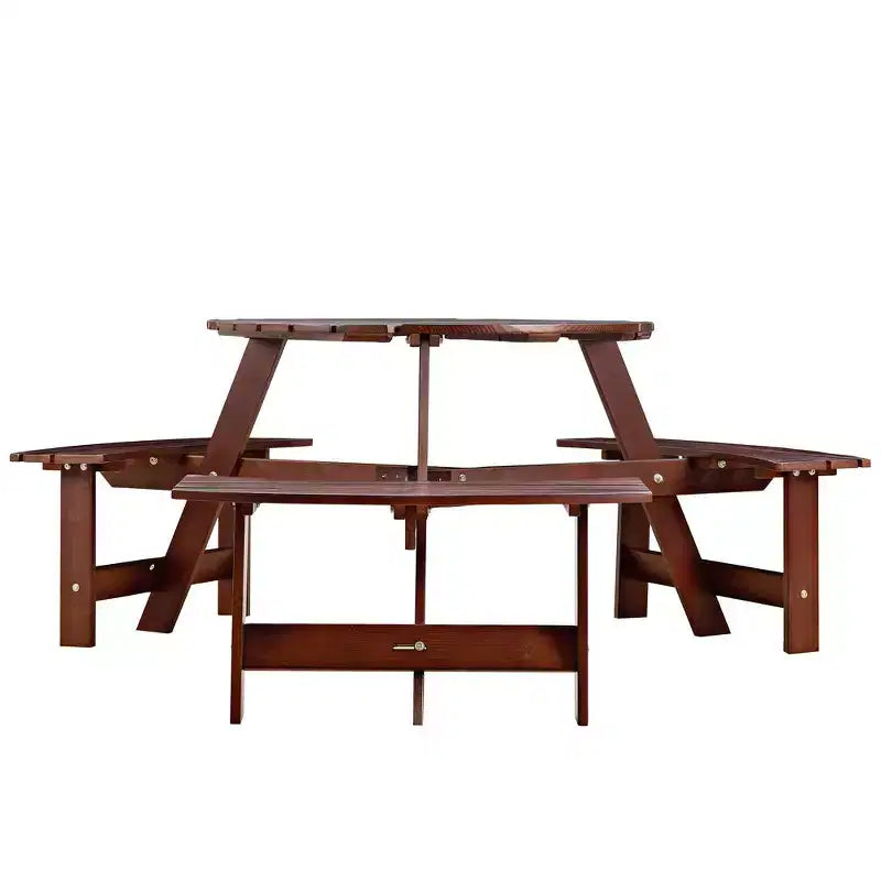 Whisen Outdoor 8 Person Round Picnic Table, Outside Table and Bench Set, Patio Dining Sets with 4 Built-in Benches, Umbrella Hole