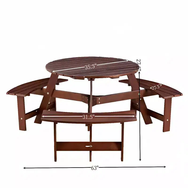 Whisen Outdoor 8 Person Round Picnic Table, Outside Table and Bench Set, Patio Dining Sets with 4 Built-in Benches, Umbrella Hole