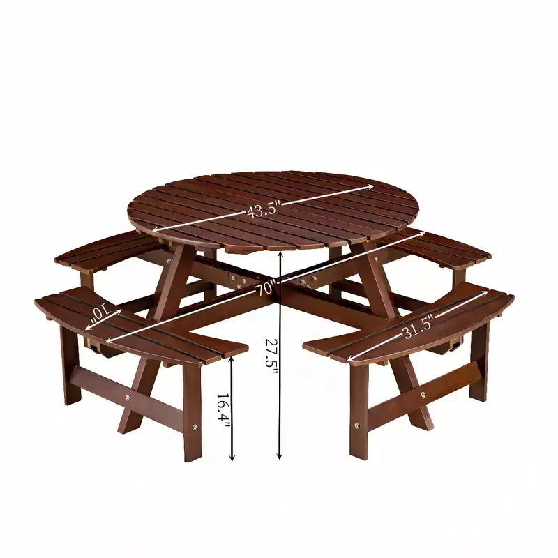 Whisen Outdoor 8 Person Round Picnic Table, Outside Table and Bench Set, Patio Dining Sets with 4 Built-in Benches, Umbrella Hole