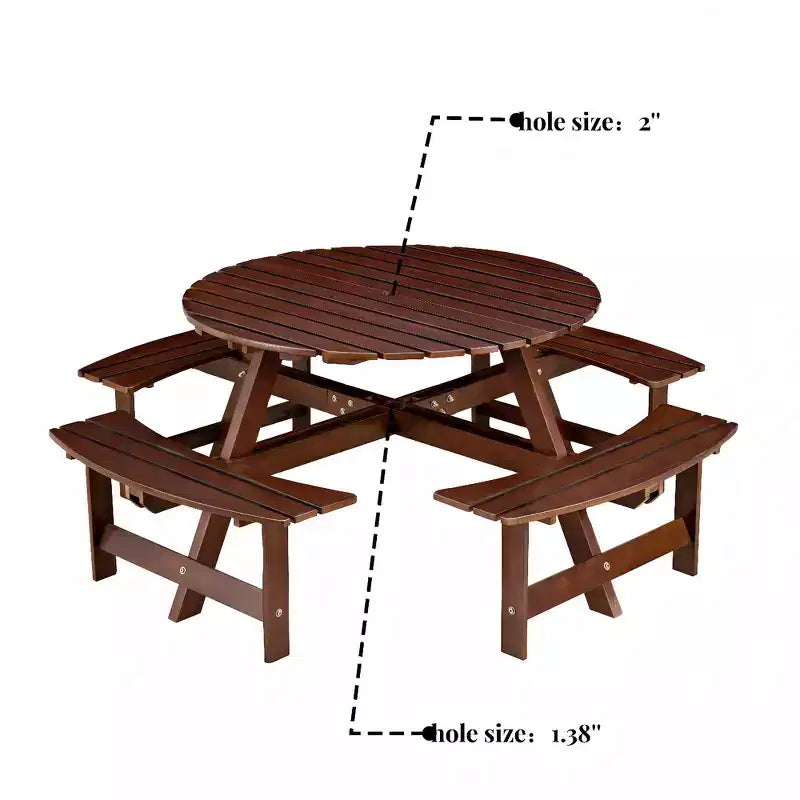 Whisen Outdoor 8 Person Round Picnic Table, Outside Table and Bench Set, Patio Dining Sets with 4 Built-in Benches, Umbrella Hole