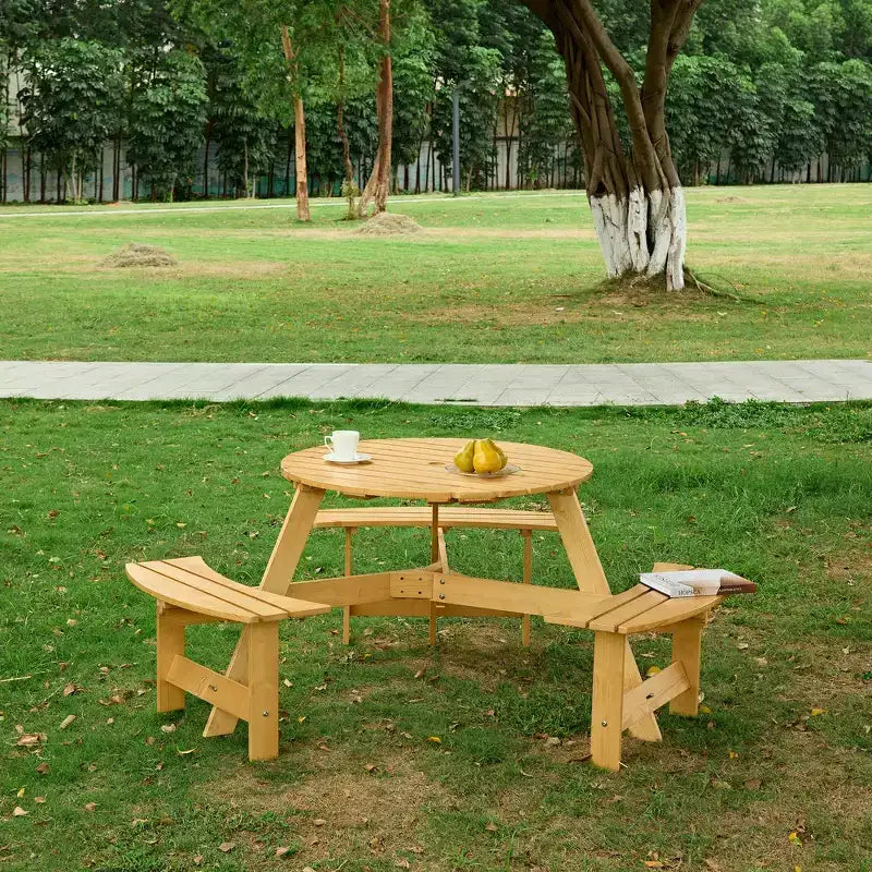 Whisen Outdoor 8 Person Round Picnic Table, Outside Table and Bench Set, Patio Dining Sets with 4 Built-in Benches, Umbrella Hole