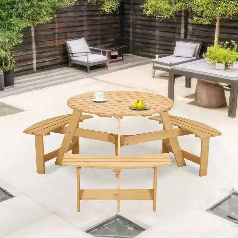Whisen Outdoor 8 Person Round Picnic Table, Outside Table and Bench Set, Patio Dining Sets with 4 Built-in Benches, Umbrella Hole